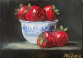 blue and White Bowl and Strawberries (Unframed)  -5" x 7" - Oil on Ampersand Gessobord- $100