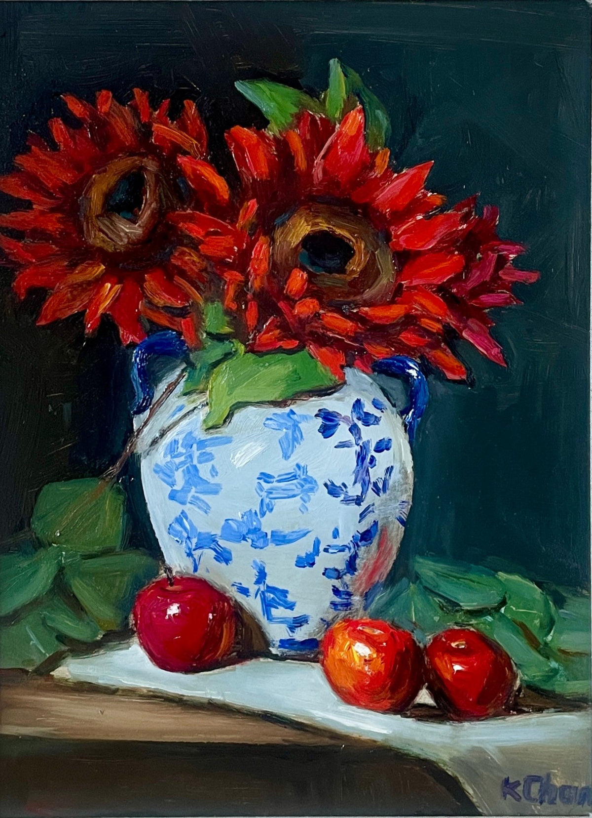 Red Sunflowers in Ginger Jar Oil Painting (Framed) - 9" x 12"