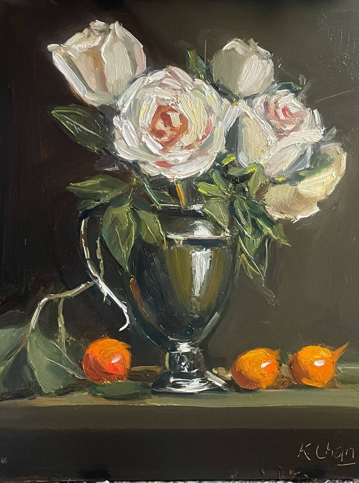 Resilient Elegance-White Roses Oil Painting (8" x 10")-(Repaint Available)