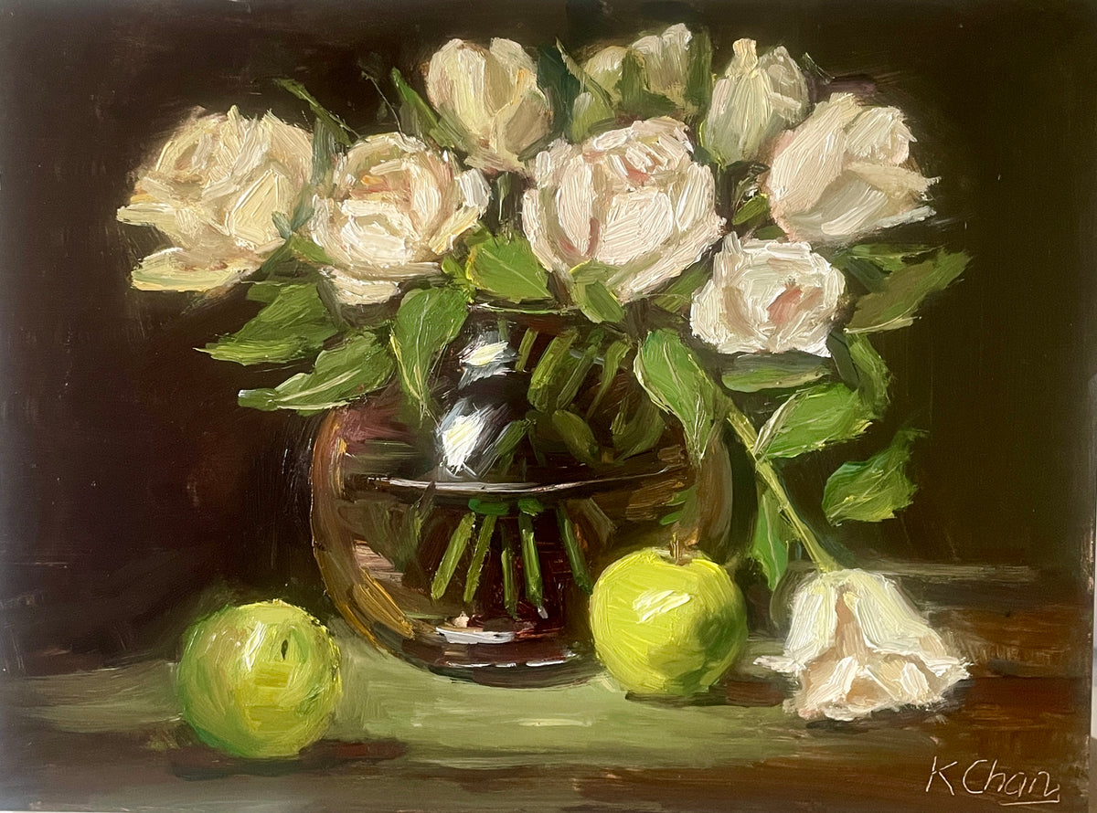 Dreamy Melody White Roses Floral Oil Painting 9" x 12" - (Repaint Available)