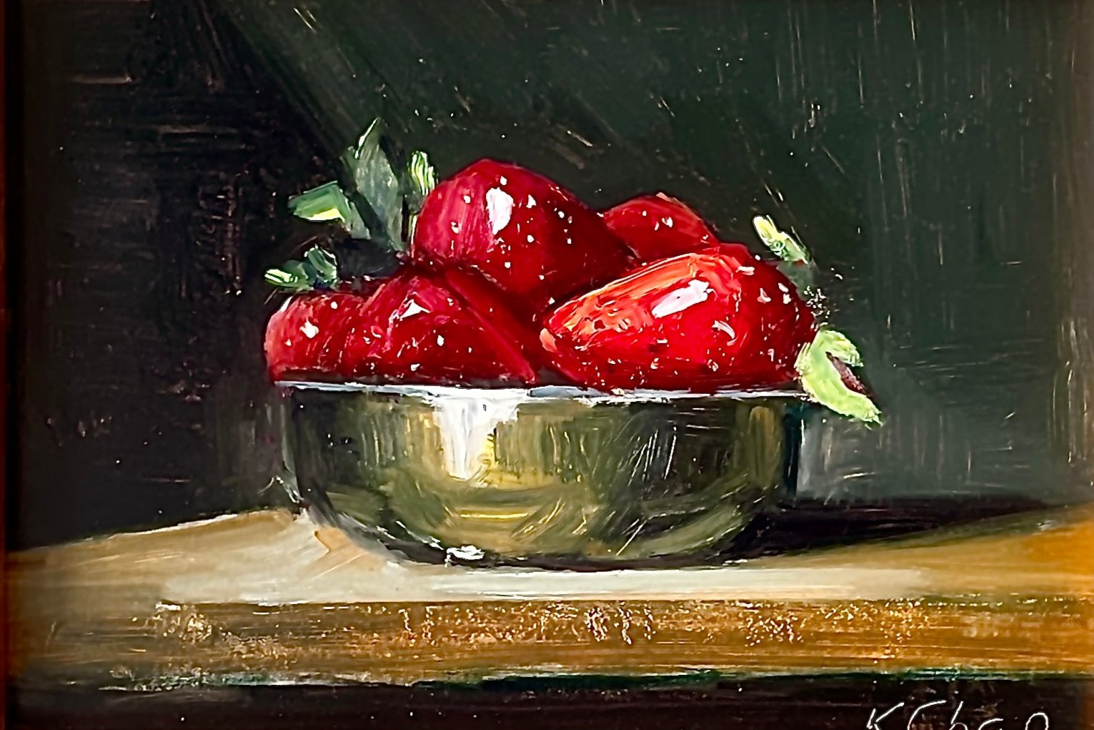 Strawberries in Brass Mini Oil Painting (Framed) - 5" X 7"