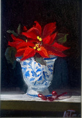 Poinsettias in Porcelain Mini Oil Painting (Framed) - 5" x 7"