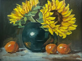 Sunflowers in Emerald Green Vase Oil Painting (Framed) - 8" x 10"