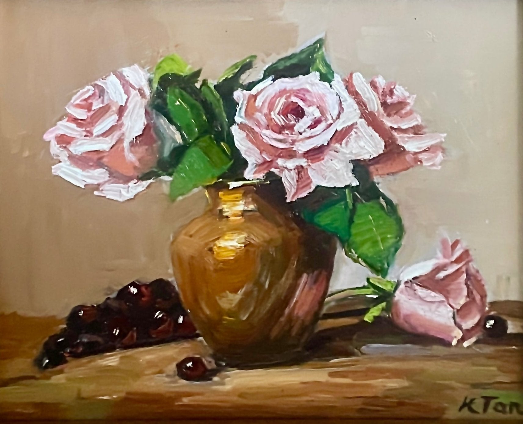 Pink Roses in Copper Vase Still Life Oil Painting (Framed) -8" x 10"