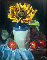 Radiant Sunflower in Blue and White Vase Oil Painting (Framed) -8" x 10"