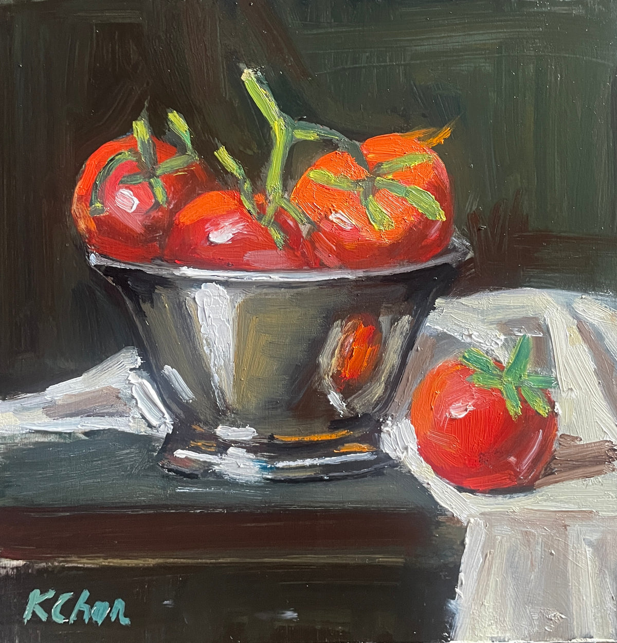 Tomatoes in Metal Bowl - 8" X 8" - Oil on Wood Panel