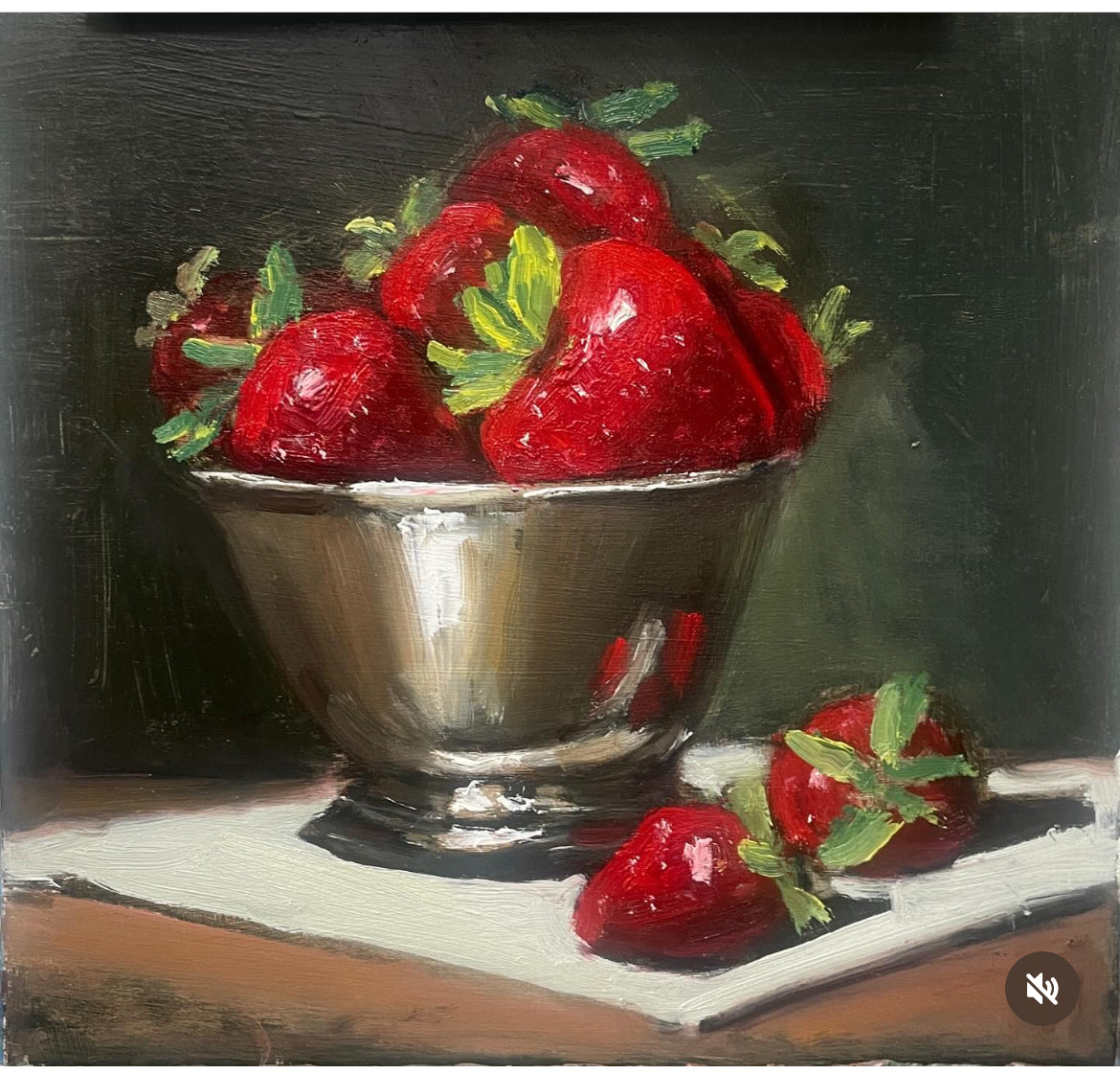 Red Strawberries in Metal Bowl- 8" X  8" - Oil on Wood Panel