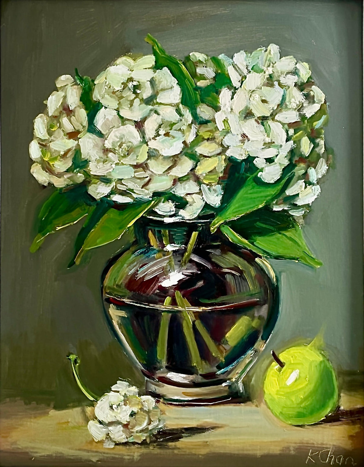 White Hydrangeas Still Life Oil Painting -11" x 14" (Framed)