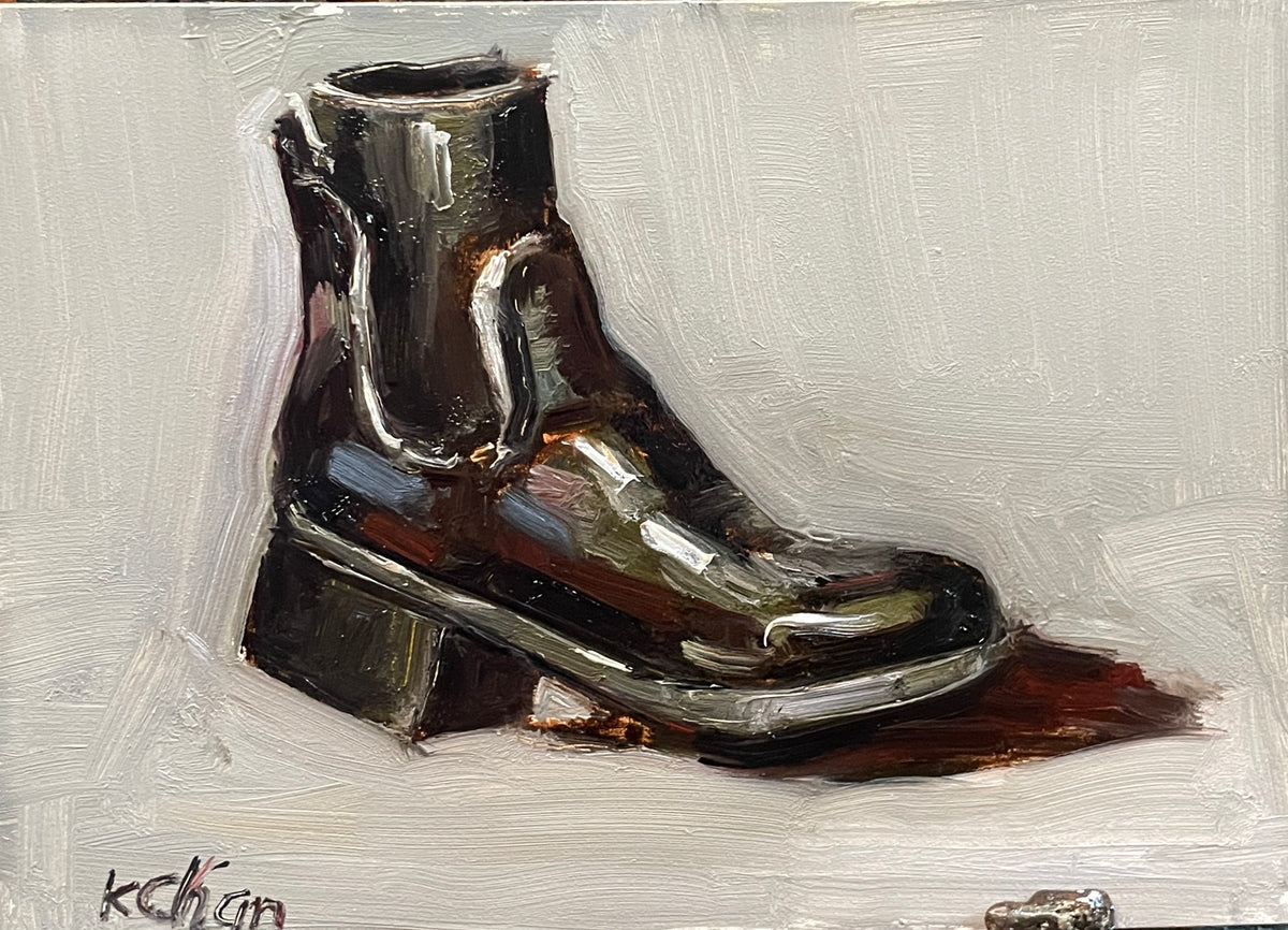 single boot- 5" x 7" - Oil on Ampersand Gessobord