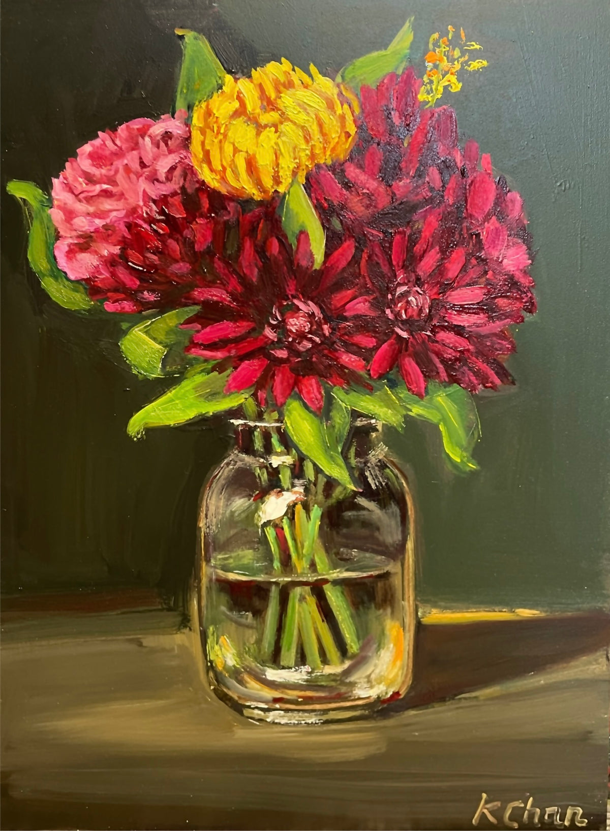 Outshine- Yellow and Magenta Chrysanthemum - 9" x 12" - Oil on Ampersand Gessobord