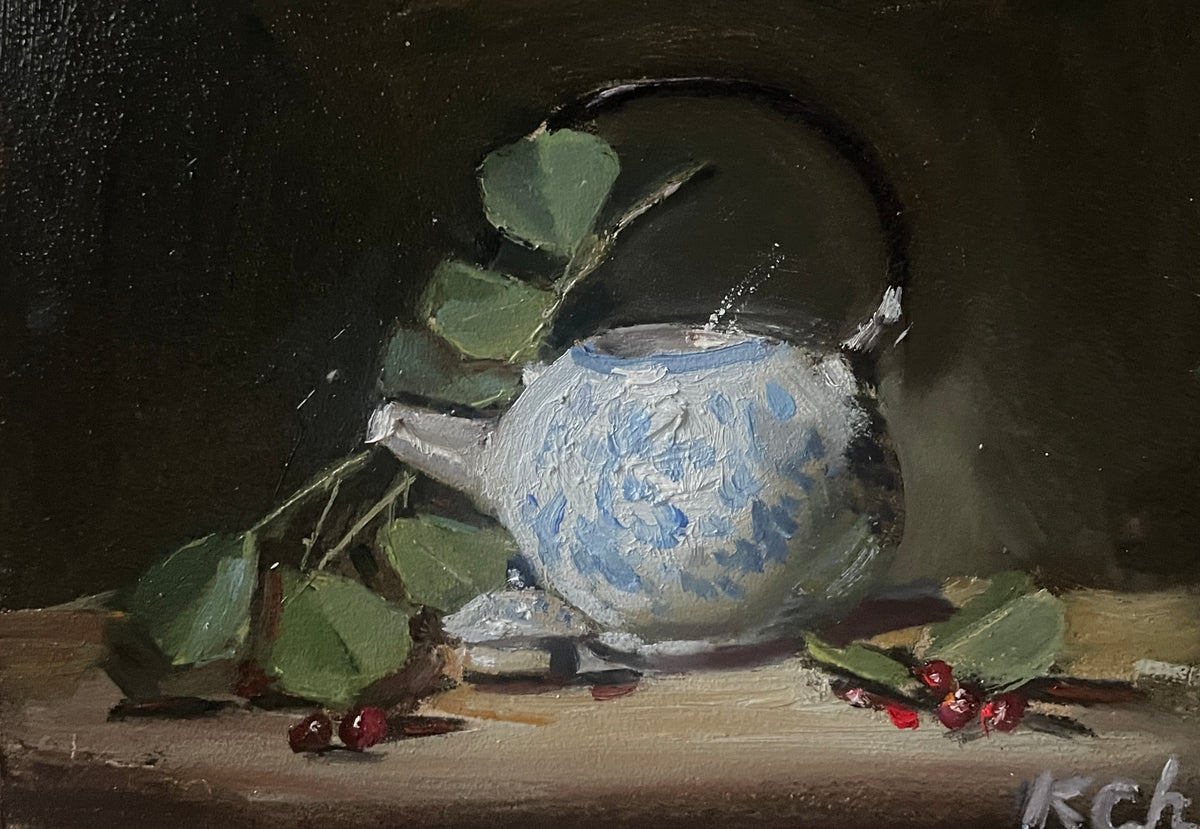 Blue and White Porcelain Tea Pot (Unframed) -5" x 7" -Oil on Ampersand Gessoboard _$125