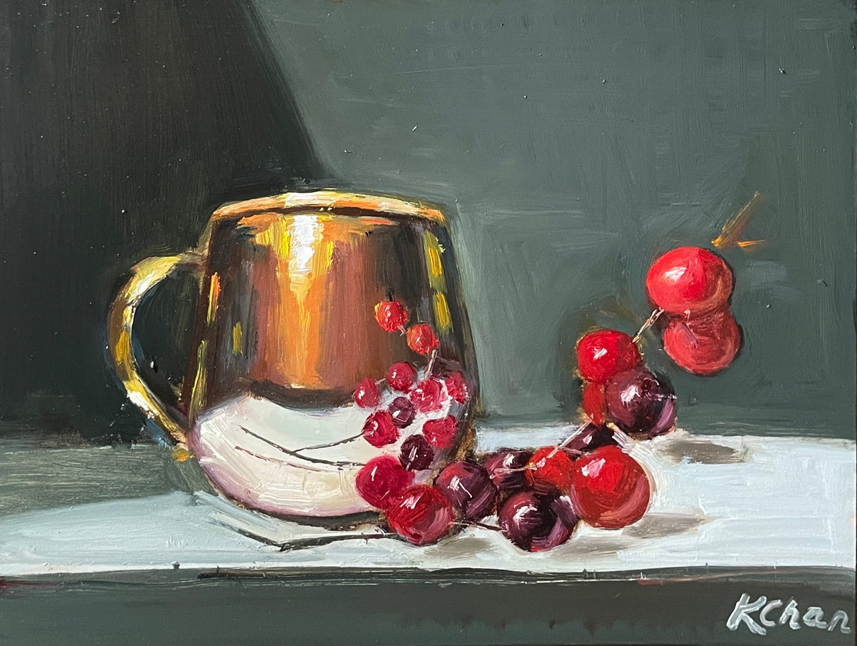 Copper and Berries (Unframed)  - 8" x 10" - Oil on Ampersand Gessoboard - $200