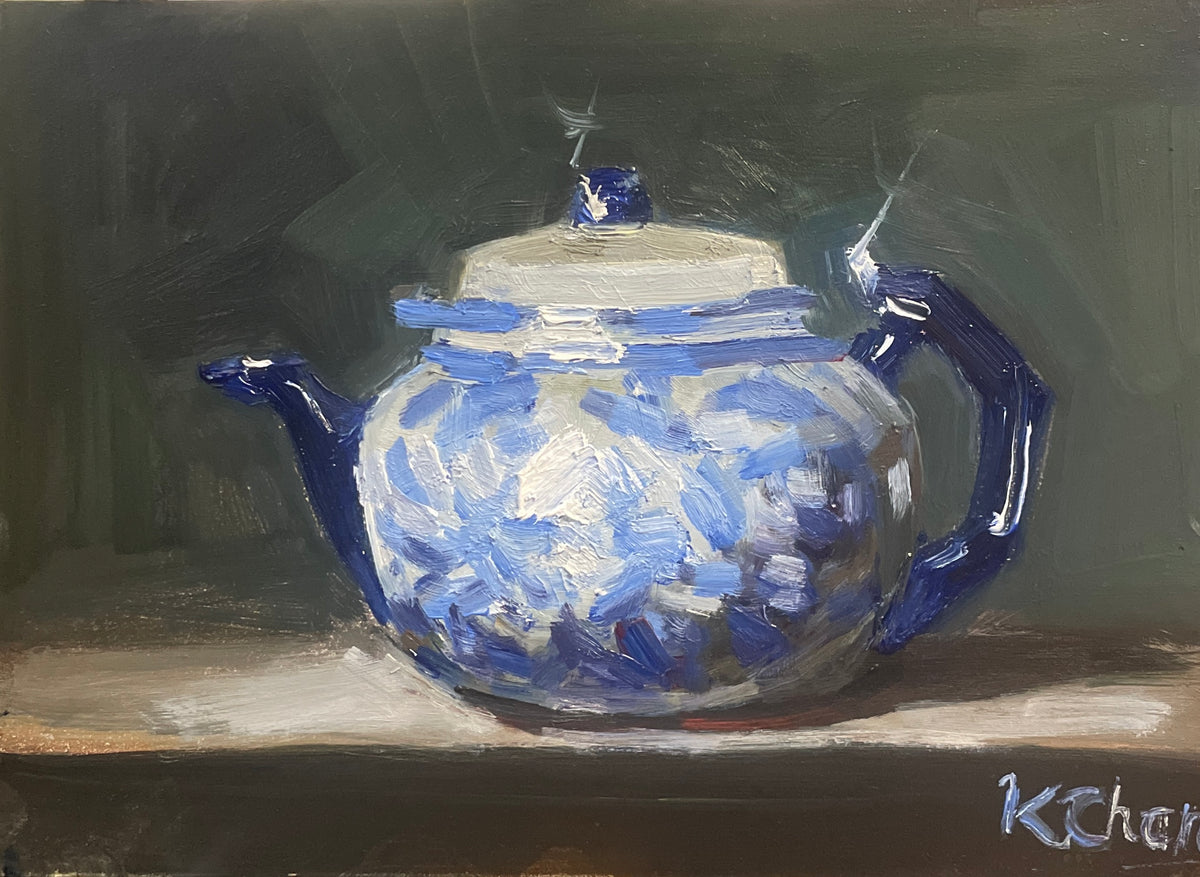 Blue and White Charming Little Tea Pot (Unframed) - 5" x 7" - Oil on Ampersand Gessobord -$125