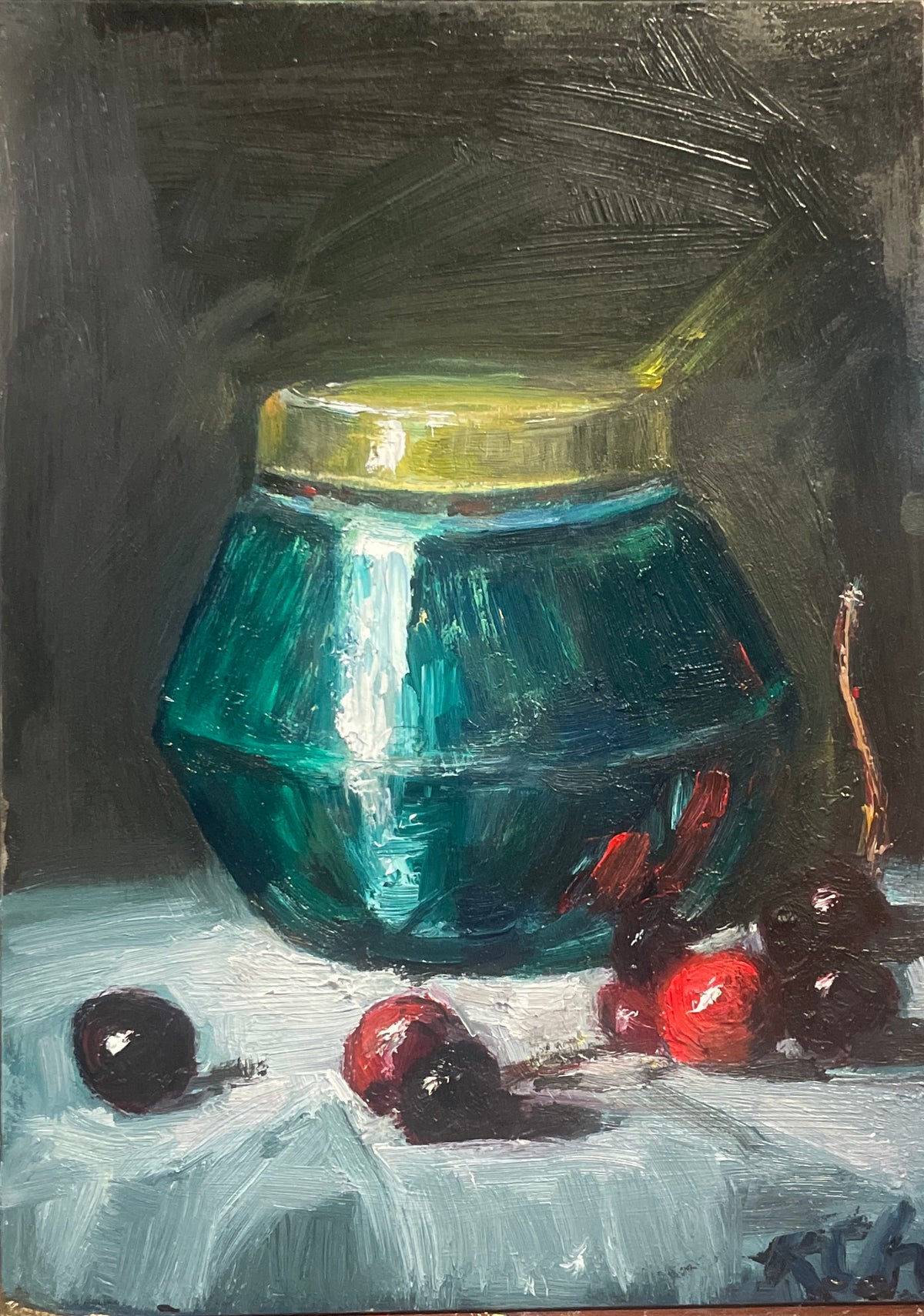 Emerald Green Candle Holder and Berries- 5" x 7" - Oil on Ampersand Gessobord-$100