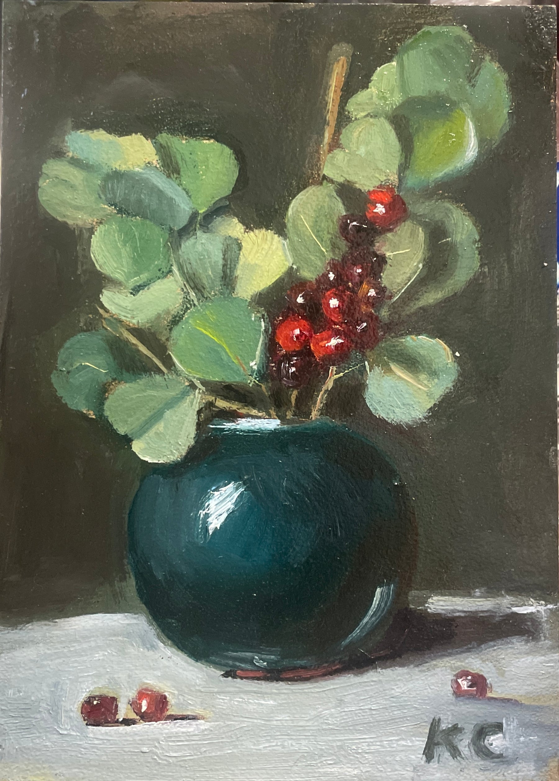 Emerald Green Vase and Berries (Unframed)- 5" x 7" - Oil On Gessobord -$135