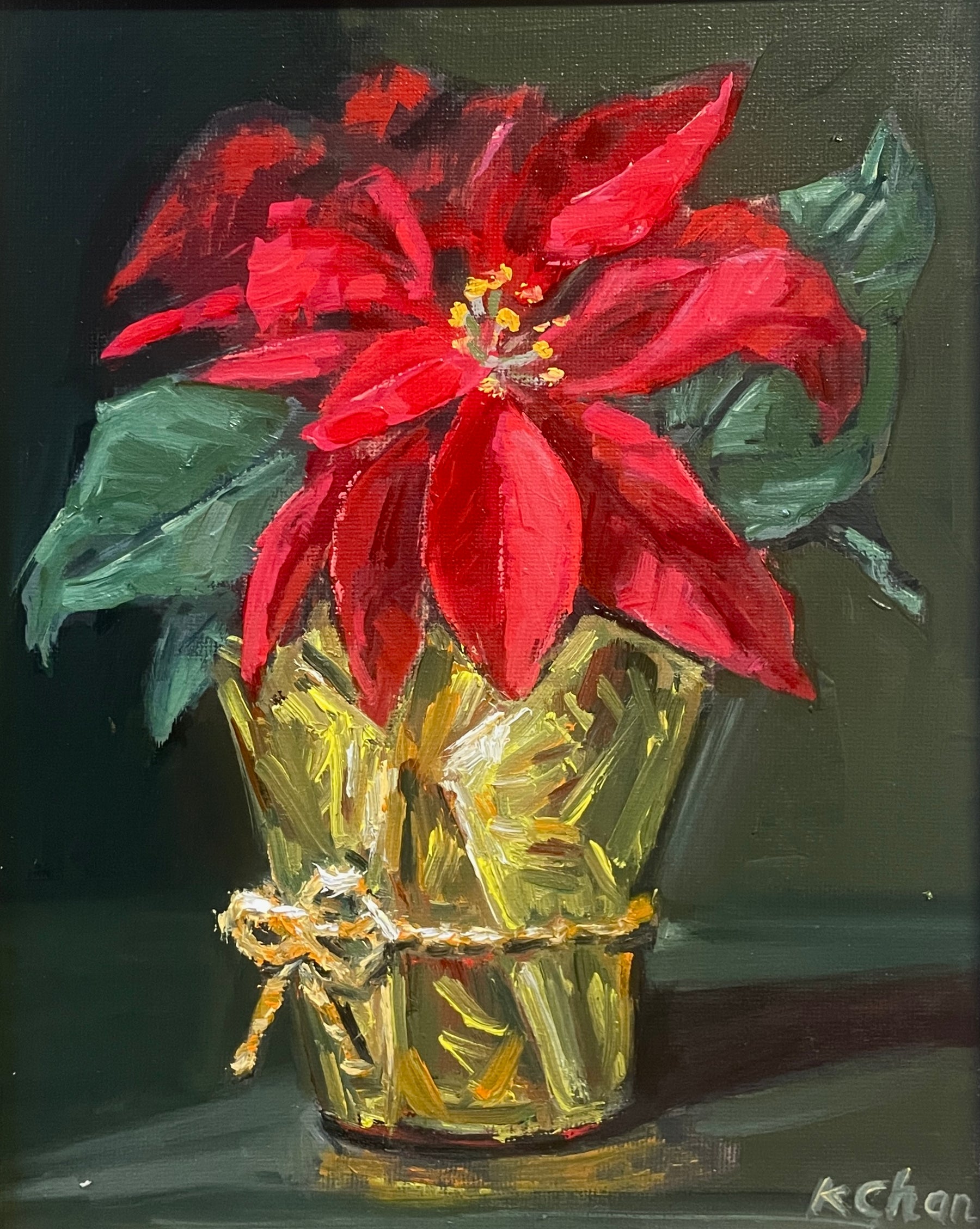 Red Poinsettias in Gold Foil (Unframed)-8" x 10"- Oil on Canvas Board - $150