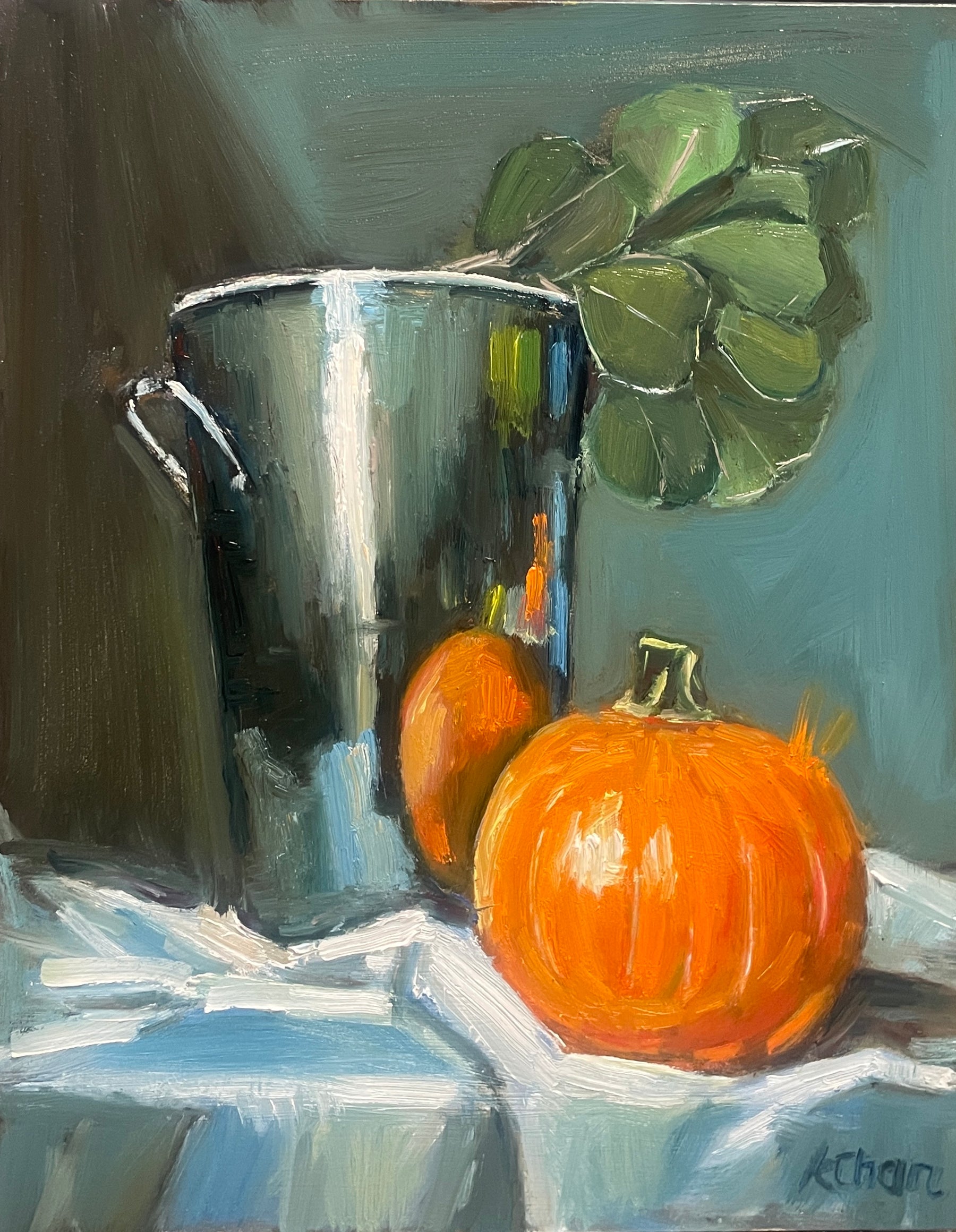 Pumpkin and Metal Container- "Reflection" Still Life Oil Painting